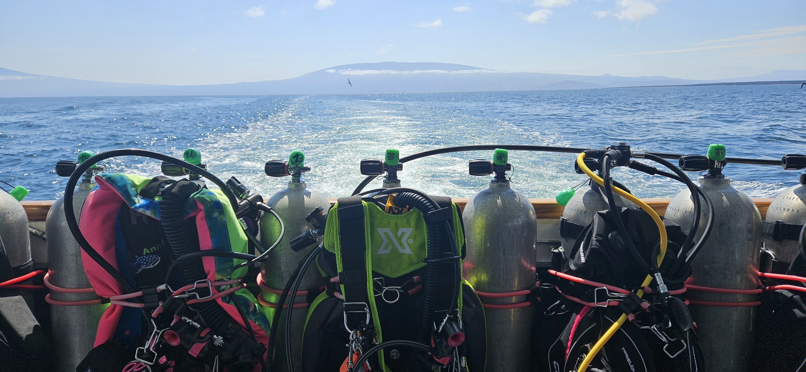 Dive equipment rigged and ready on the back of the boat
