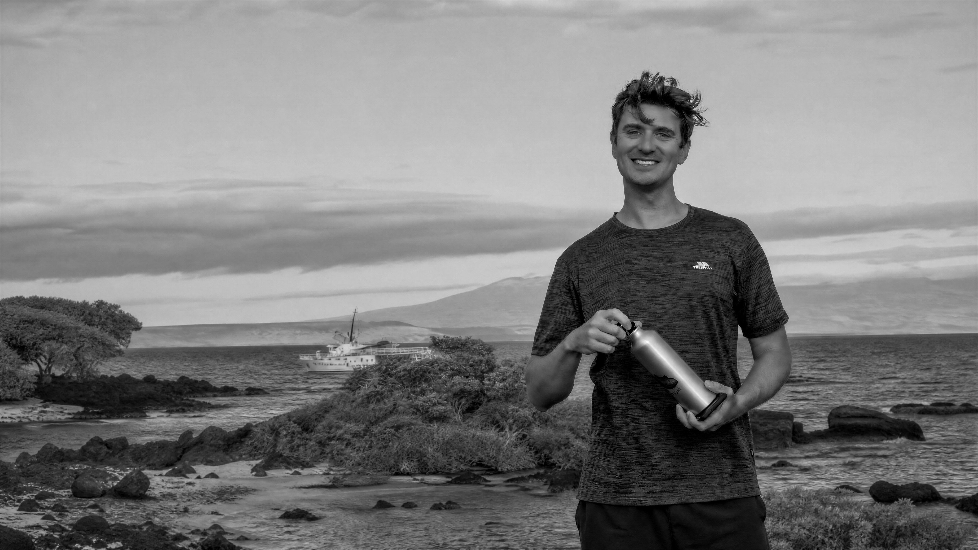 Dan on the island, in black and white