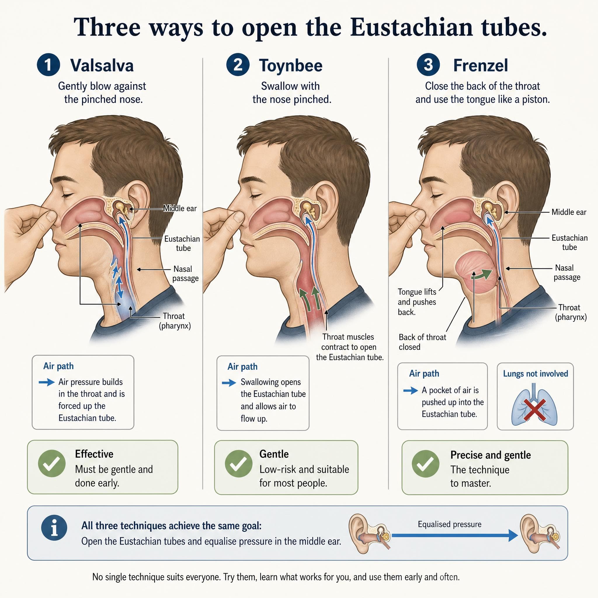 Three ways to open the Eustachian tubes: Valsalva (gently blow against a pinched nose), Toynbee (swallow with the nose pinched), and Frenzel (close the throat and use the tongue like a piston, lungs not involved).