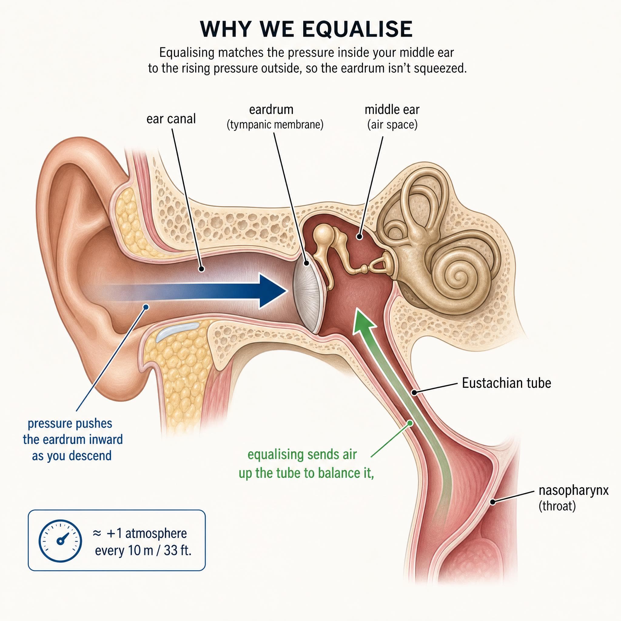 Cross-section of the ear: as you descend, water pressure pushes the eardrum inward, and equalising sends air up the Eustachian tube from the throat to balance the middle-ear air space.