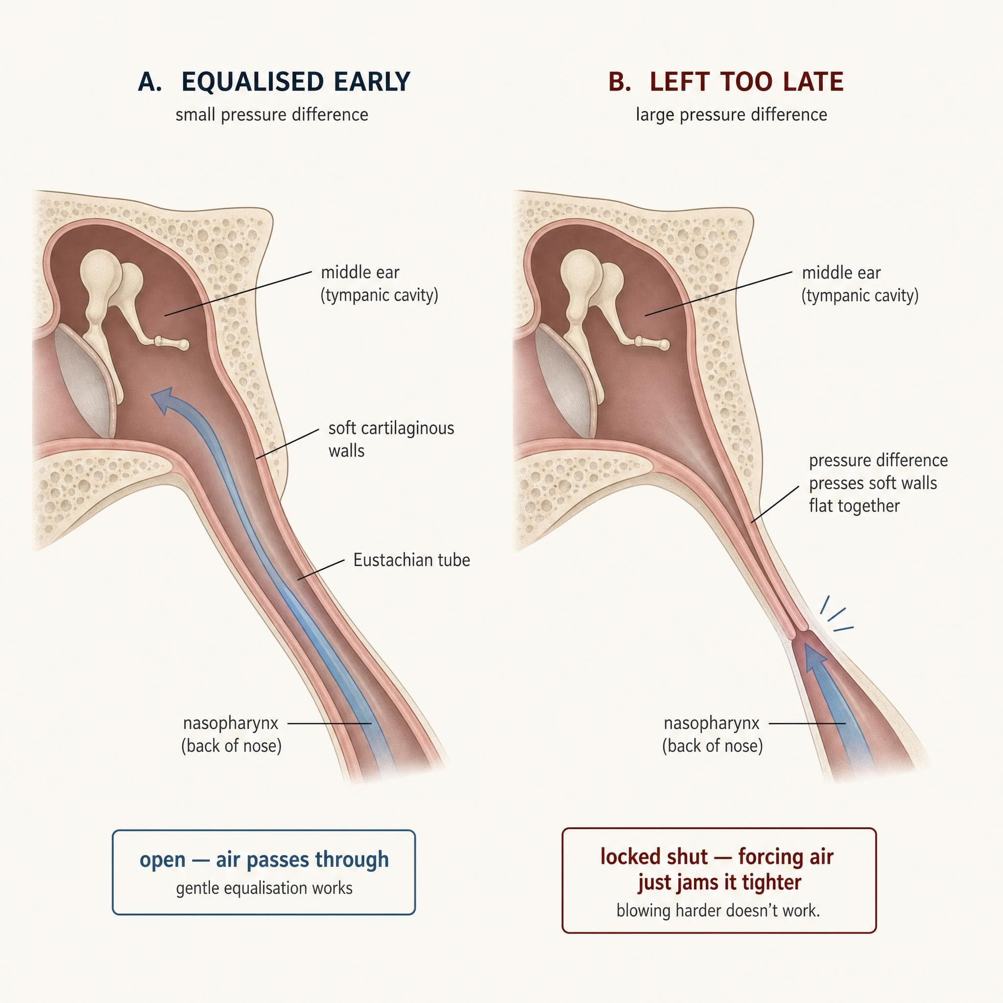 Two Eustachian tubes compared: equalised early, the soft walls stay open and air passes through; left too late, the pressure difference presses the soft walls flat and blowing harder only jams them tighter.